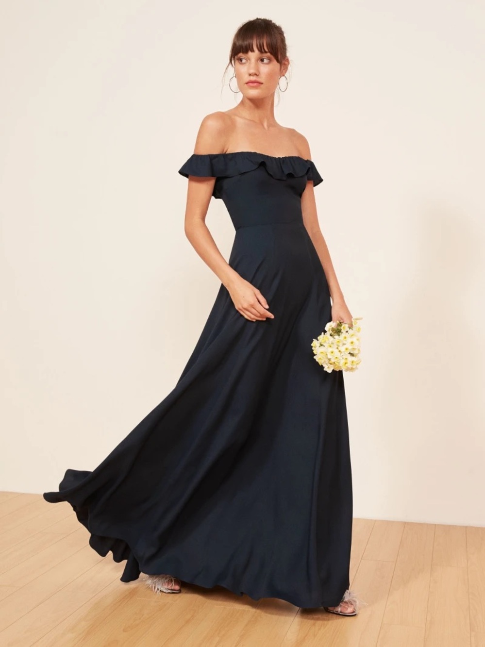 Reformation Verbena Dress Size 0 Navy Off Shoulder Maxi Formal